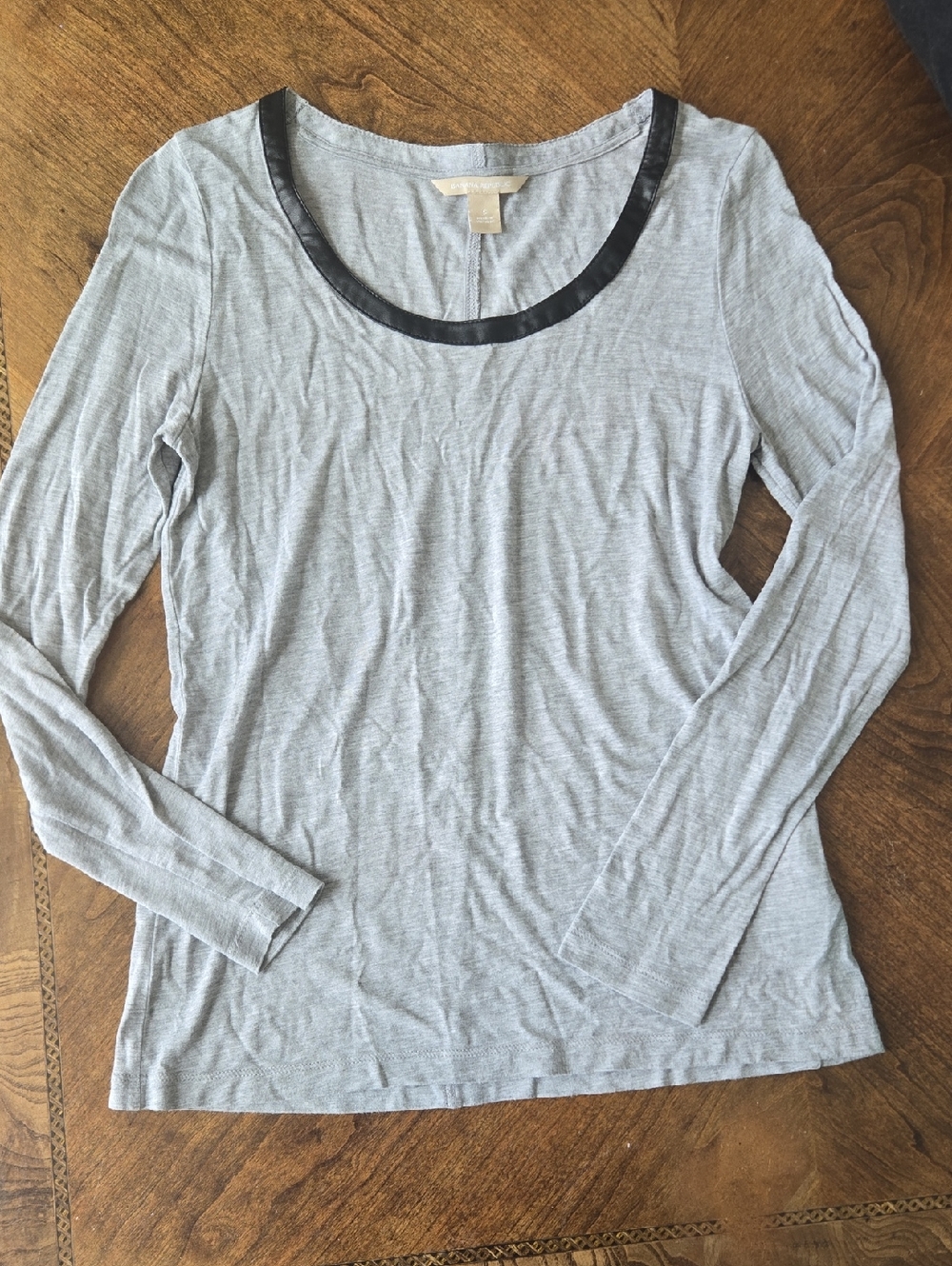 Banana Republic Light Gray Long-Sleeve Scoop Neck Top with Black Leather Trim